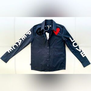 NWT Love Moschino Black Logo Print Love & Peace Graphics Button Up Shirt -Size 2